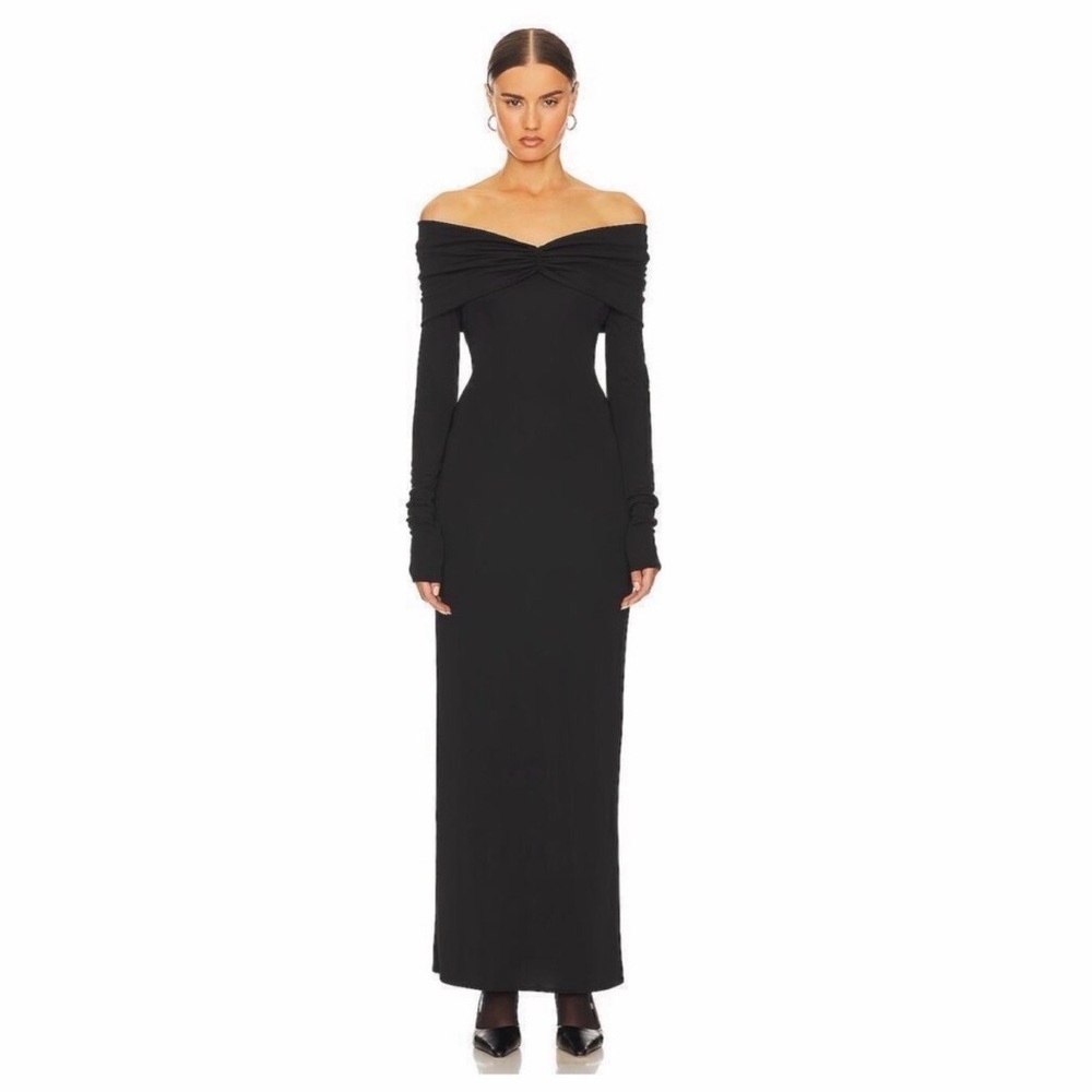Helsa Matte Jersey Off Shoulder Ruched Long Sleeve Maxi Dress, black, XS